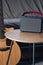 Close up, music speaker and acoustic guitar in the interior of the room.