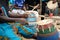 Close-up of a musician playing traditional drums, Ghana