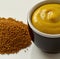 Close up of mustard in bowl on beige background created using generative ai technology