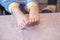 A close-up of my grandson`s bare feet.