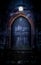 Close-up of mystical medieval wood entrance doorway portal in parallel worlds with ancient brick arc and glowing in the dark