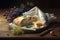 a close-up of a napkin on a wooden table with fresh bread, cheese and grapes