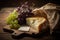 a close-up of a napkin on a wooden table with fresh bread, cheese and grapes