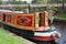 Close up of a narrowboat on the Huddersfield Narrow Canal, Diggle, Oldham, Lancashire, England, United Kingdom