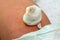 Close up of navel newborn baby boy. Close up umbilical cord. Umbilical cord with bandage