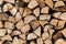 Close up neatly stacked split wood pile background