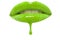 Close-up of neon green lip-gloss dripping from woman\'s lips over white background