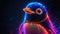 Close-up of a neon penguin with dynamic light trails.
