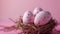 A close up of a nest with eggs in it on pink background, AI