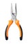 Close up new metal pliers, orange and black rubber grip. Used for bending