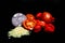 Close up of Nigerian sliced Onions tomatoes pepper Atarodo isolated on Black Background. Red SCOTCH BONNET PEPPER