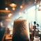 Close-up of a nitro coffee glass with a blurry cafe setting behind. AI generated.