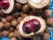 Close up of nutmeg fruits with mace
