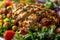 A close-up of a nutrient-dense salad loaded with lean proteins like grilled chicken