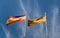 Close up of the official flags of Catalonia and Spain together.