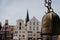 Close up of old Crane weight in front of historical building facade in Harbor Lueneburg, Lower Saxony,Germany