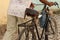 Close-up of an old leather saddle off an antique bicycle on a cobblestones street in beautiful Trinidad Cuba.