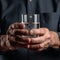 Close-up of an old man holding a glass of water with both hands. The concept of loneliness