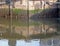 Close up of old old wooden lock gates in the clarence dock area of leeds reflected in the water