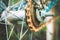 Close up of old rusty chain from the bicycle on background nature ,Bicycle`s detail view of wheel with old chain, sprocket,dirty