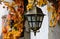 close-up, old street lamp against the background of a wall and autumn foliage