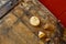 Close up of an old whisky barrel and bung stopper, on the top  of a dusty old whisky barrel