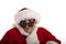 Close-up of an old woman in Santa Claus costume with sunglasses on a white background