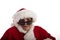 Close-up of an old woman in a Santa Claus costume wearing sunglasses