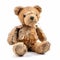 Close up of an old, worn out teddy bear on a white background, showing its ragged texture and nostalgic sentimentality. Generative