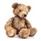 Close up of an old, worn out teddy bear on a white background, showing its ragged texture and nostalgic sentimentality. Generative