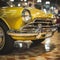 a close up of an old yellow car parked on a tiled floor