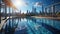 Close-up of the Olympic swimming pool with the cityscape outside