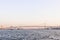 Close up of one boat and rainbow bridge at sumida river viewpoint in tokyo,Japan