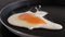 Close-up of one egg being fried on a frying pan