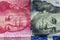 Close up of one hundred Dollar and 100 Yaun banknotes with focus on portraits of Benjamin Franklin and Mao Tse-tung/USA vs China t