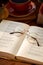 close up of open book of poems and glasses