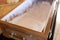 Close up of open empty coffin in church