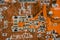 close up of Orange circuit board, motherboard technology background