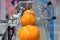 Close up orange citrus washing on conveyor belt at fruits automation water spray cleaning machine in production line of fruits