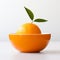 a close-up of an orange fruit in a minimalist white bowl against a bokeh background. Generative AI