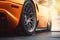 Close up on an orange generic and unbranded sport car in a modern city, ai generative illustration