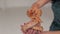 Close-up of an orange snake wrapped around a girl`s hand on a white background.