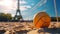 Close-up of an orange volleyball on sandy court in Paris, with Eiffel Tower in the background, Summer Olympics in 2024