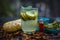 Close up of organic face pack of cucumber with aloe vera gel and rose oil on wooden surface in a glass container for Sunburns and