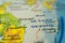 Close-up of the orographic map of Shanghai and the China Sea, with references in Spanish. Concept cartography, Travel, tourism,