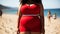 Close-up of overweight african american woman in red swimsuit standing on beach. Generative AI
