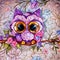 Close up of Owl have big eyes, designs with flowers. Cute Owl isolated on branch.