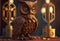 close-up of an owl statue sitting on top of a wooden table, a 3D rendering, kinetic art, steampunk. Generate Ai