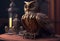 close-up of an owl statue sitting on top of a wooden table, a 3D rendering, kinetic art, steampunk. Generate Ai