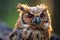 close-up of owls face, forest blurred in background